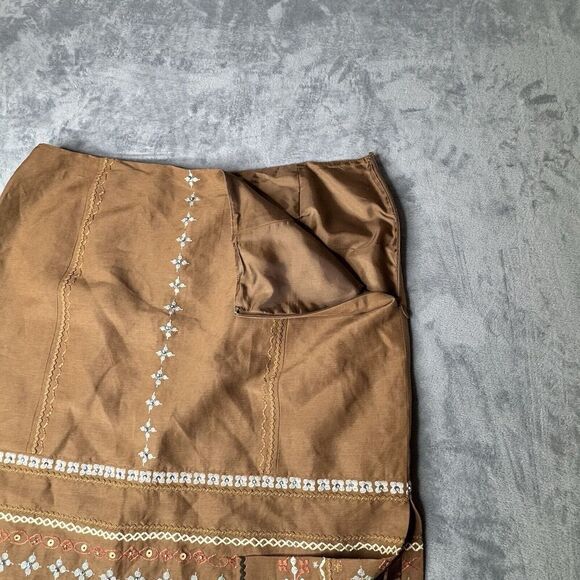 Talbots Sz 16 Linen Silk Blend Light Brown Floral Embroidered Side Slit Skirt - Picture 6 of 13
